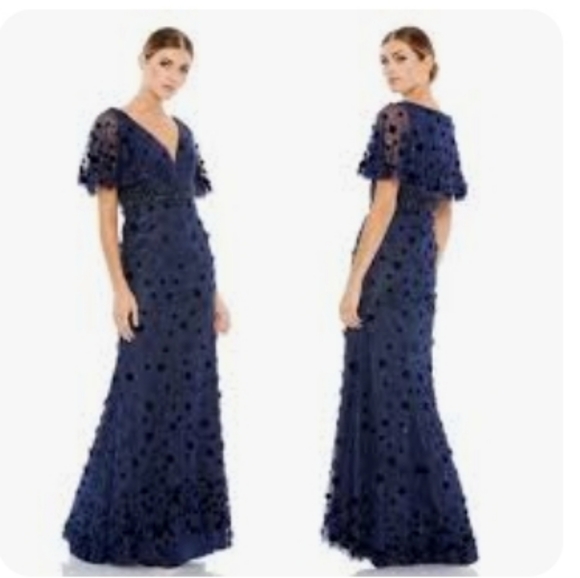 Mac Duggal Navy blue floral 67712 V Neck Bell Sleeve Lace Dress Sz 10 NWT